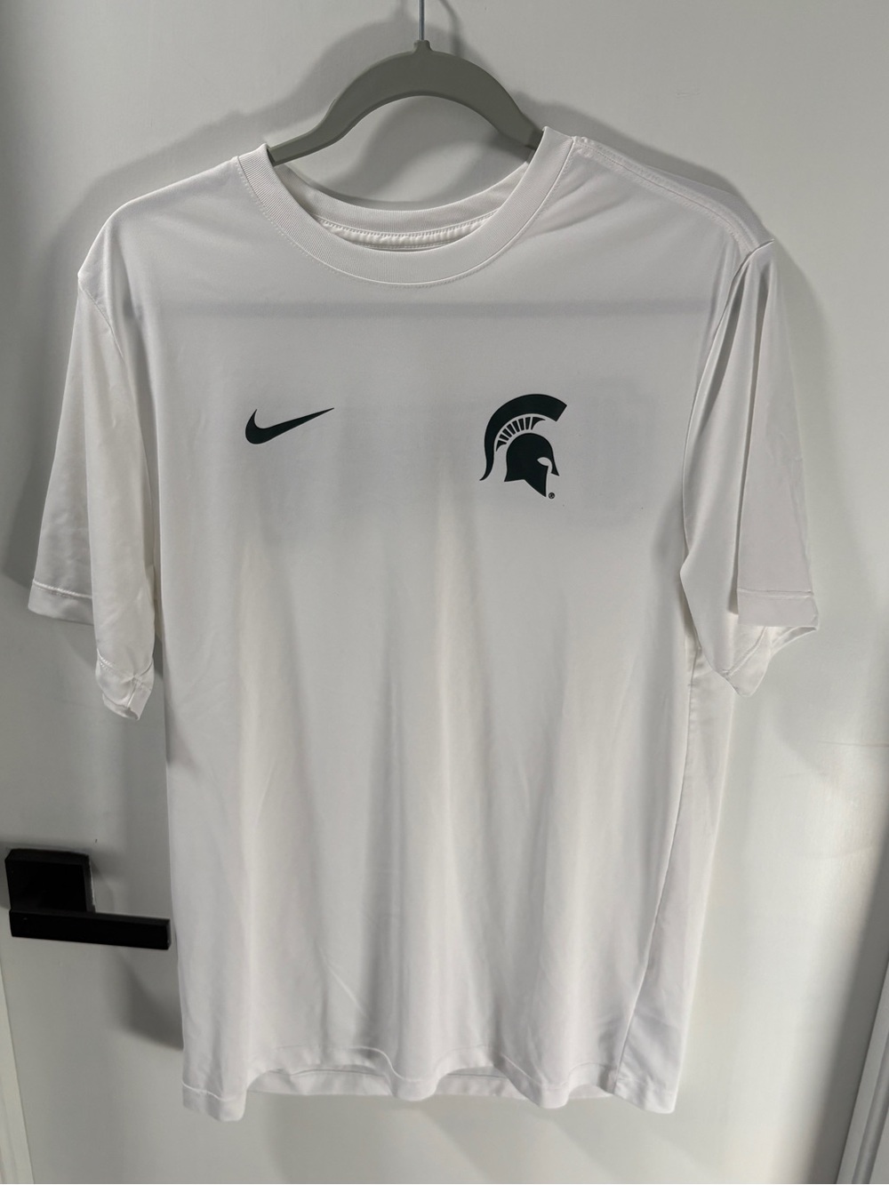 Nike White Short-Sleeve Athletic Tee with Dark Green Spartan Logo